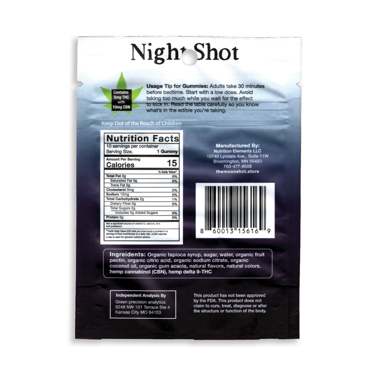 Back of a 'Night Shot' product packaging with nutrition facts and ingredients listed.