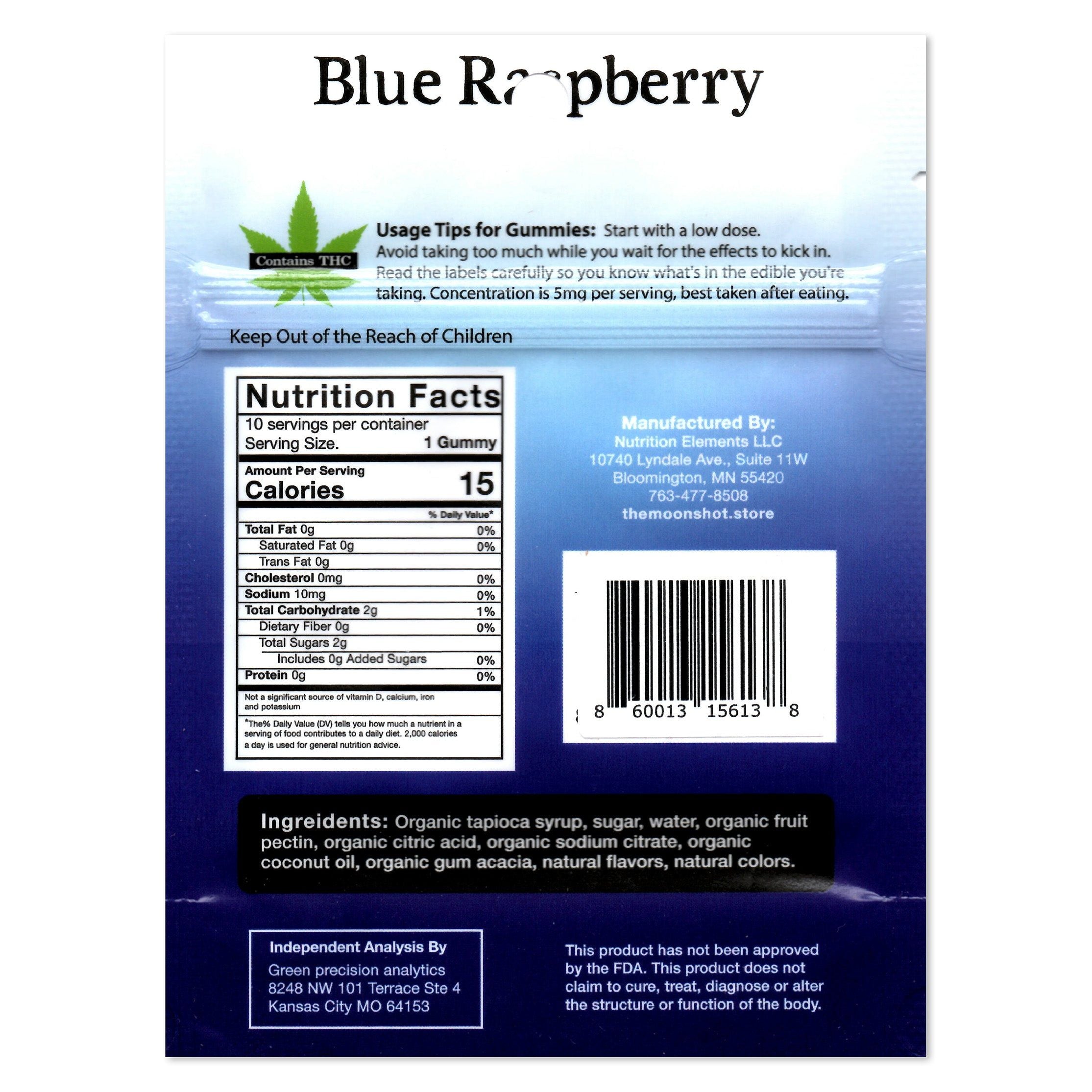 Nutrition label and ingredients list for blue raspberry gummies on a blue background