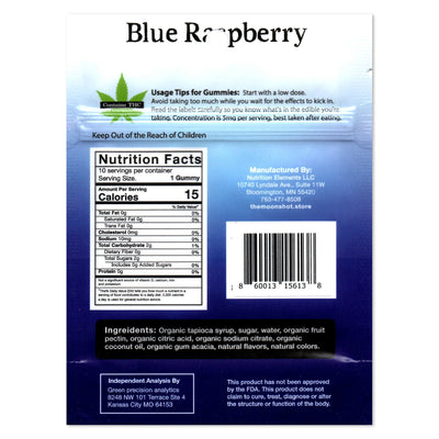 Nutrition label and ingredients list for blue raspberry gummies on a blue background