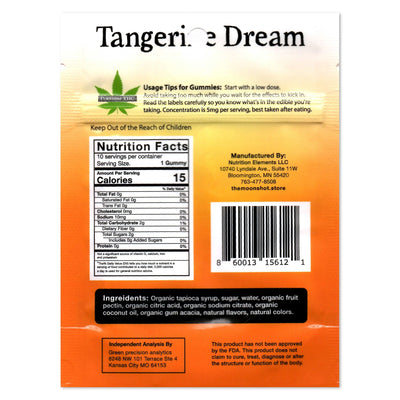 Back of a Tangerine Dream gummy package with nutrition facts, ingredients, and contact information.