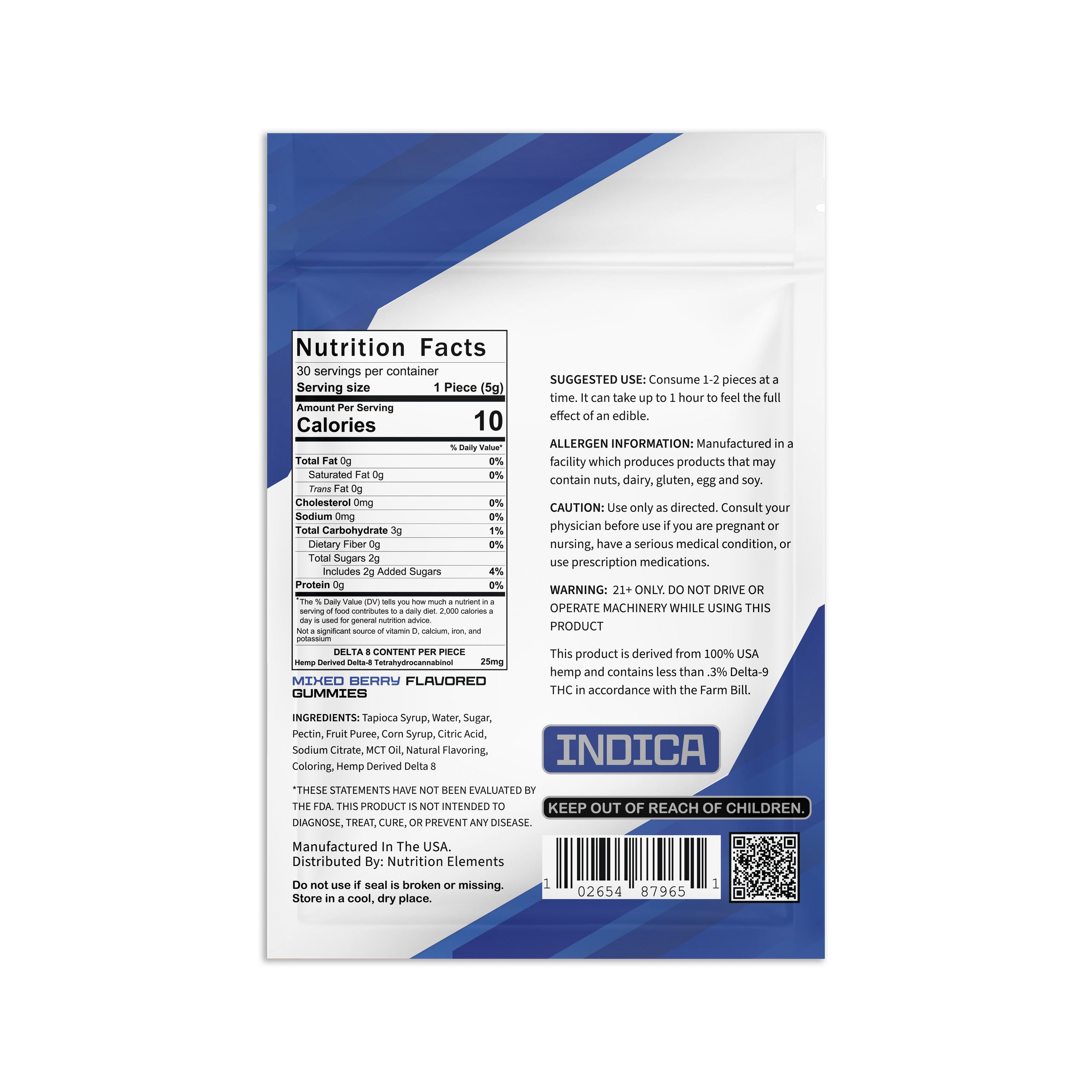 Nutrition facts label and product information on a blue and white background