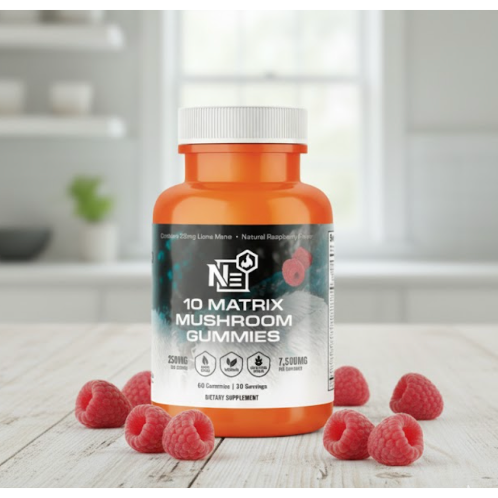 Supplement bottle labeled '10 Matrix Mushroom Gummies' with raspberries on a wooden surface.