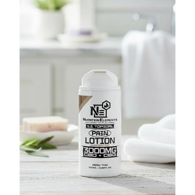 White lotion bottle with black text on a wooden surface