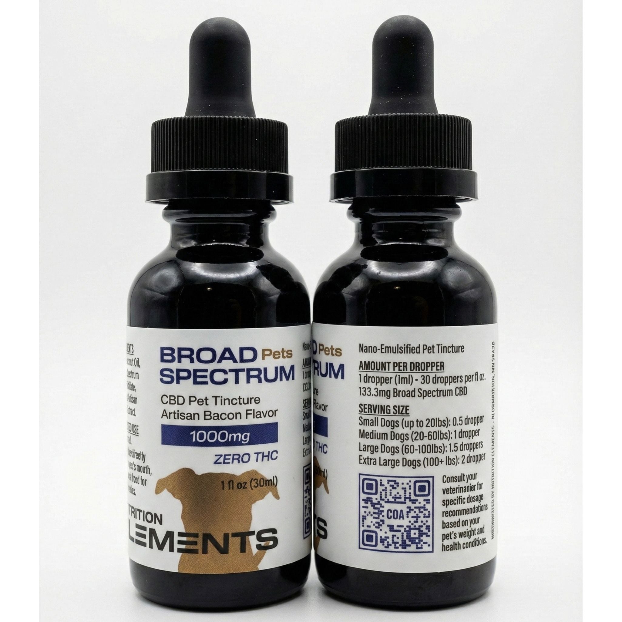 Two bottles of Broad Spectrum CBD Pet Tincture with Bacon Flavor on a white background