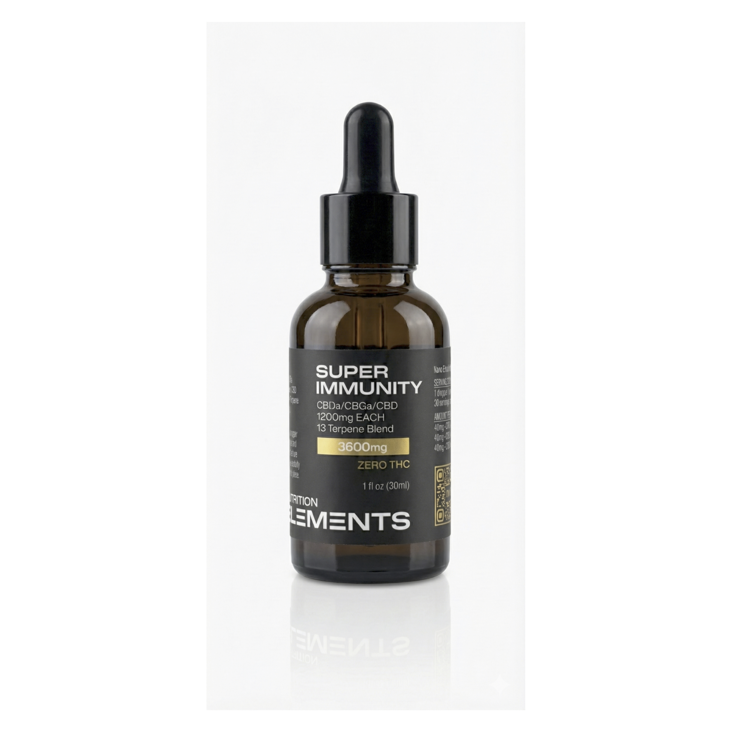 Bottle of Super Immunity supplement with dropper on a white background