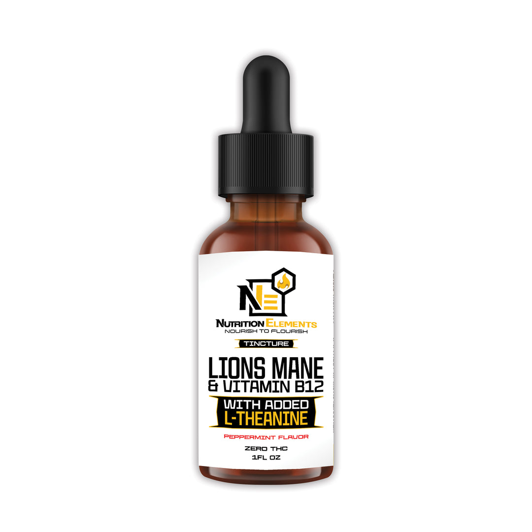 Bottle of Mixed Berry Lion's Mane tincture with B12 and L-Theanine and dropper
