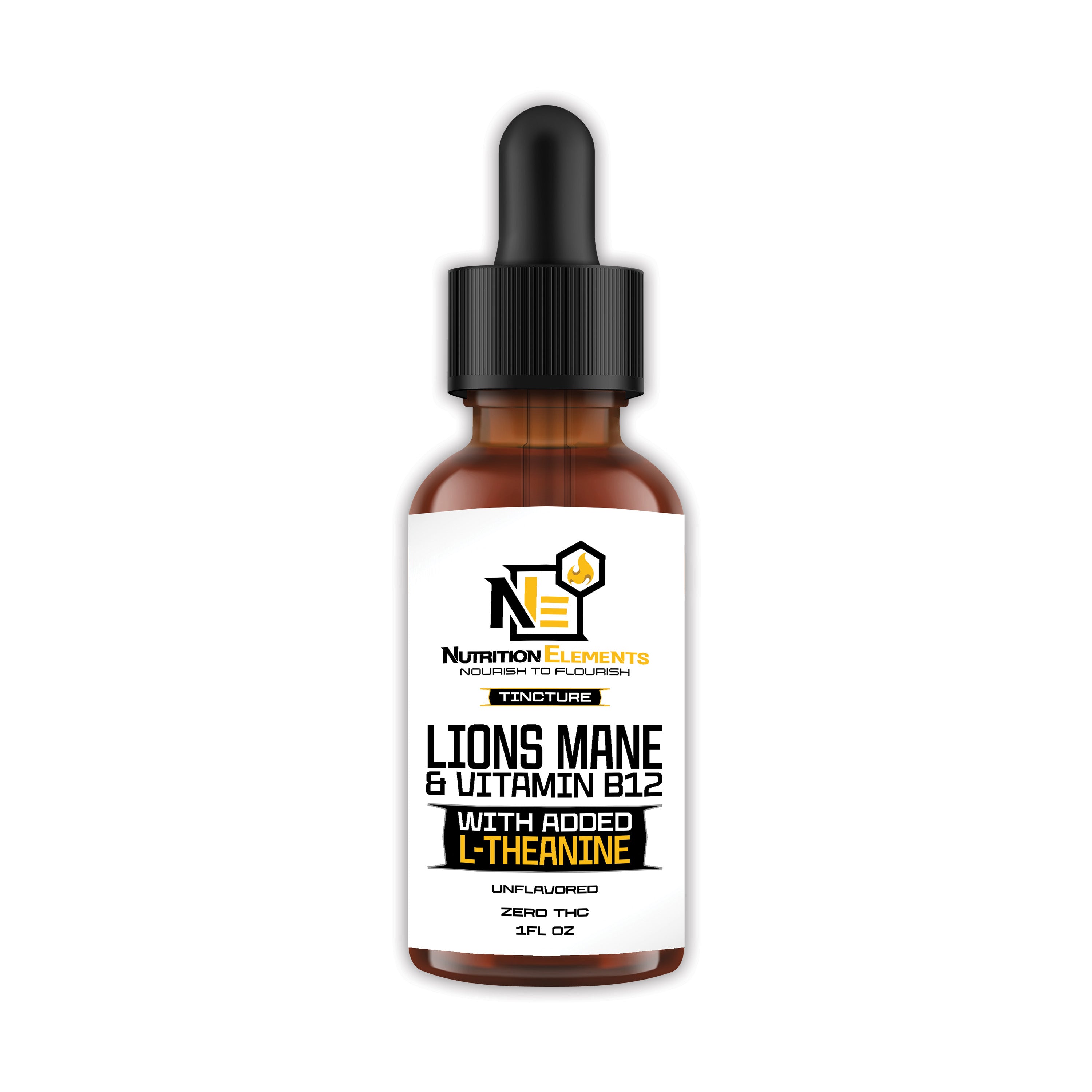 A bottle of unflavored Lions Mane Tincture with added Vitamin B12 and L-Theanine, dropper included.