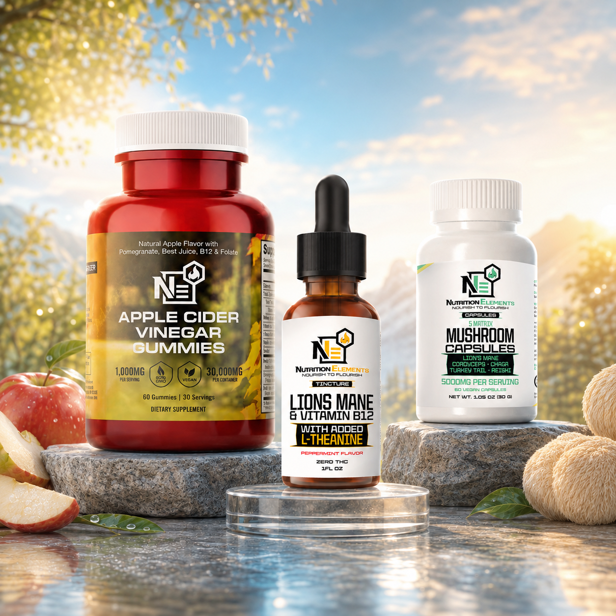 Supplement products including Apple Cider Vinegar Gummies, Lions Mane & Vitamin B12, and Mushroom Capsules on a natural background.