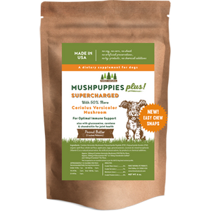 Mushpuppies Plus! dietary supplement for dogs packaging on a white background