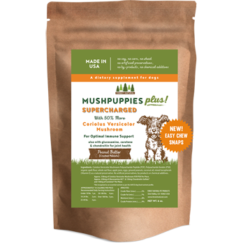 Mushpuppies Plus! dietary supplement for dogs packaging on a white background