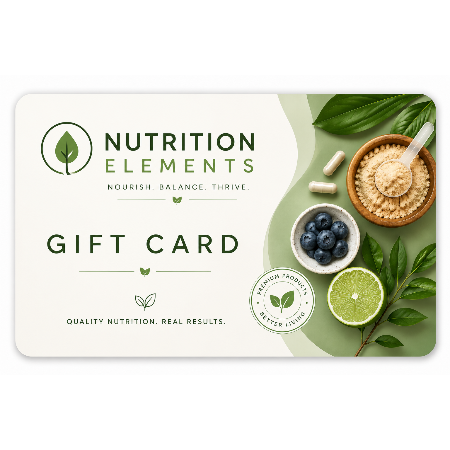Nutrition Elements gift card with health-themed design featuring bowls of food and fruits.