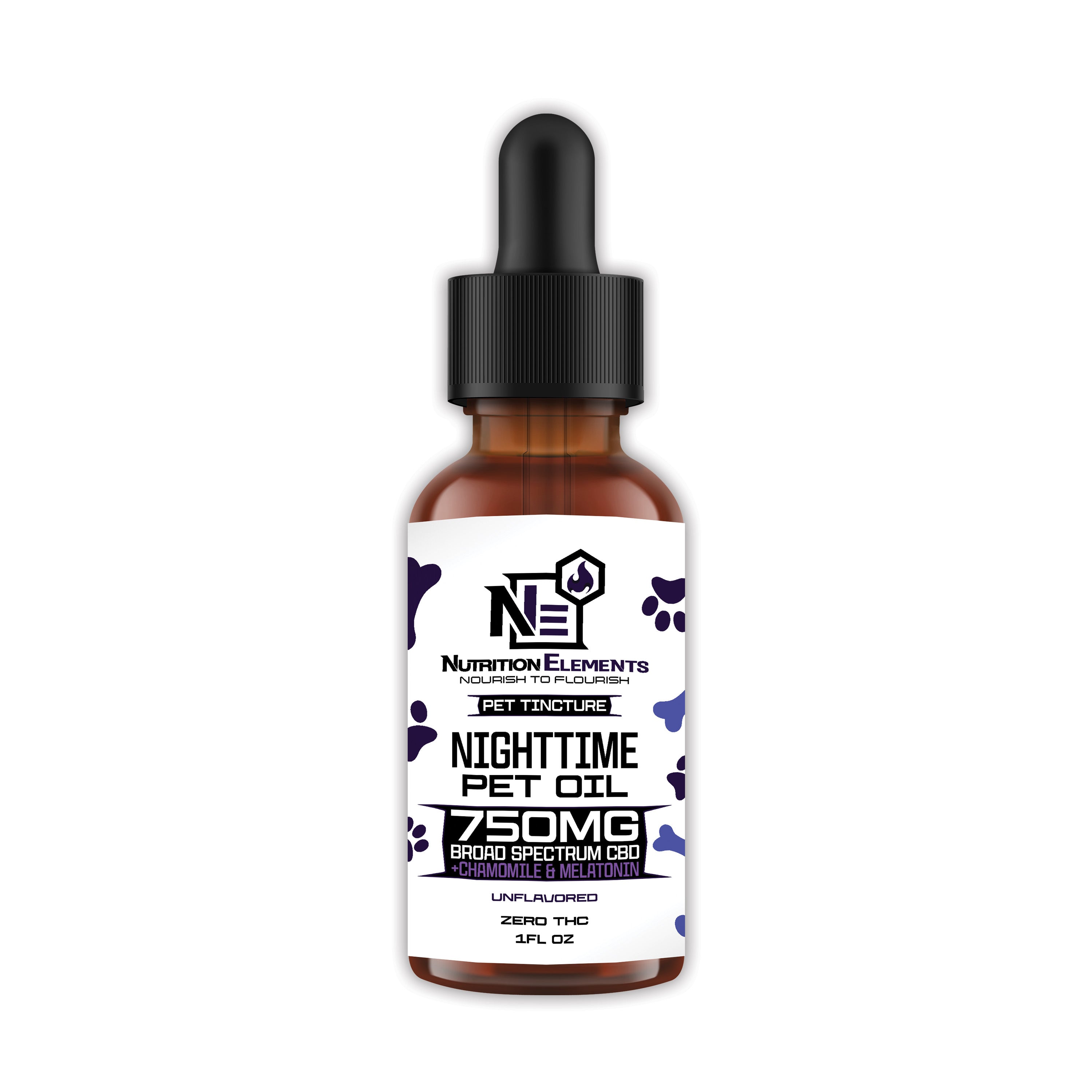 A bottle of Pet Nightime oil, 750mg, with a dropper, intended for pets to help with anxiety or sleep issues.