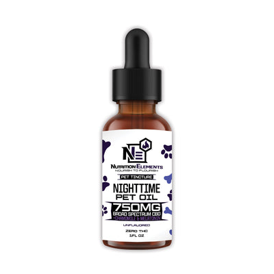 A bottle of Pet Nightime oil, 750mg, with a dropper, intended for pets to help with anxiety or sleep issues.