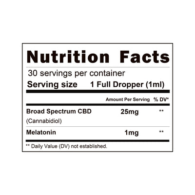 Nutrition facts label showing 25mg broad spectrum CBD and 1mg melatonin per serving
