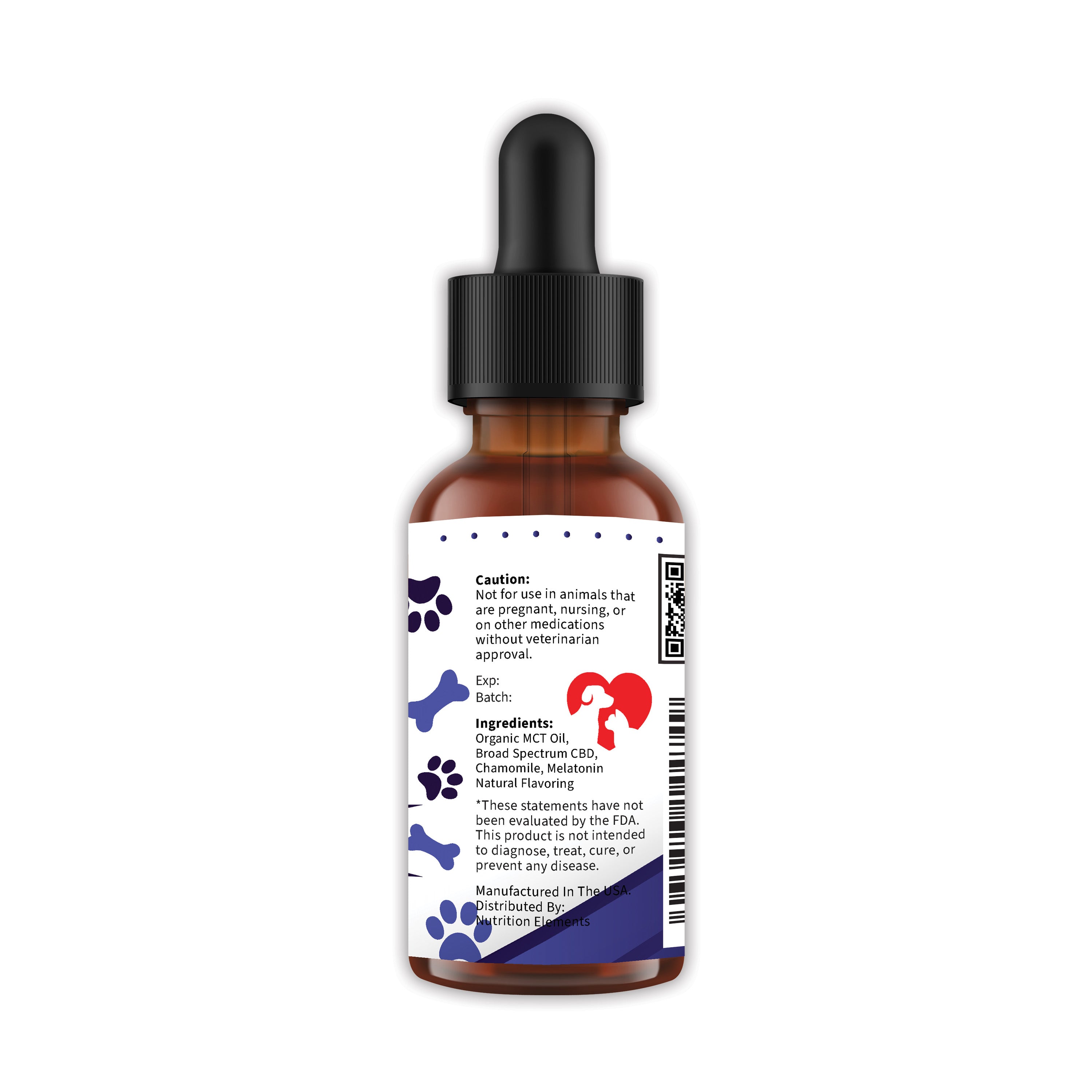 Pet sleep tincture bottle showing the side label with ingredients and caution details