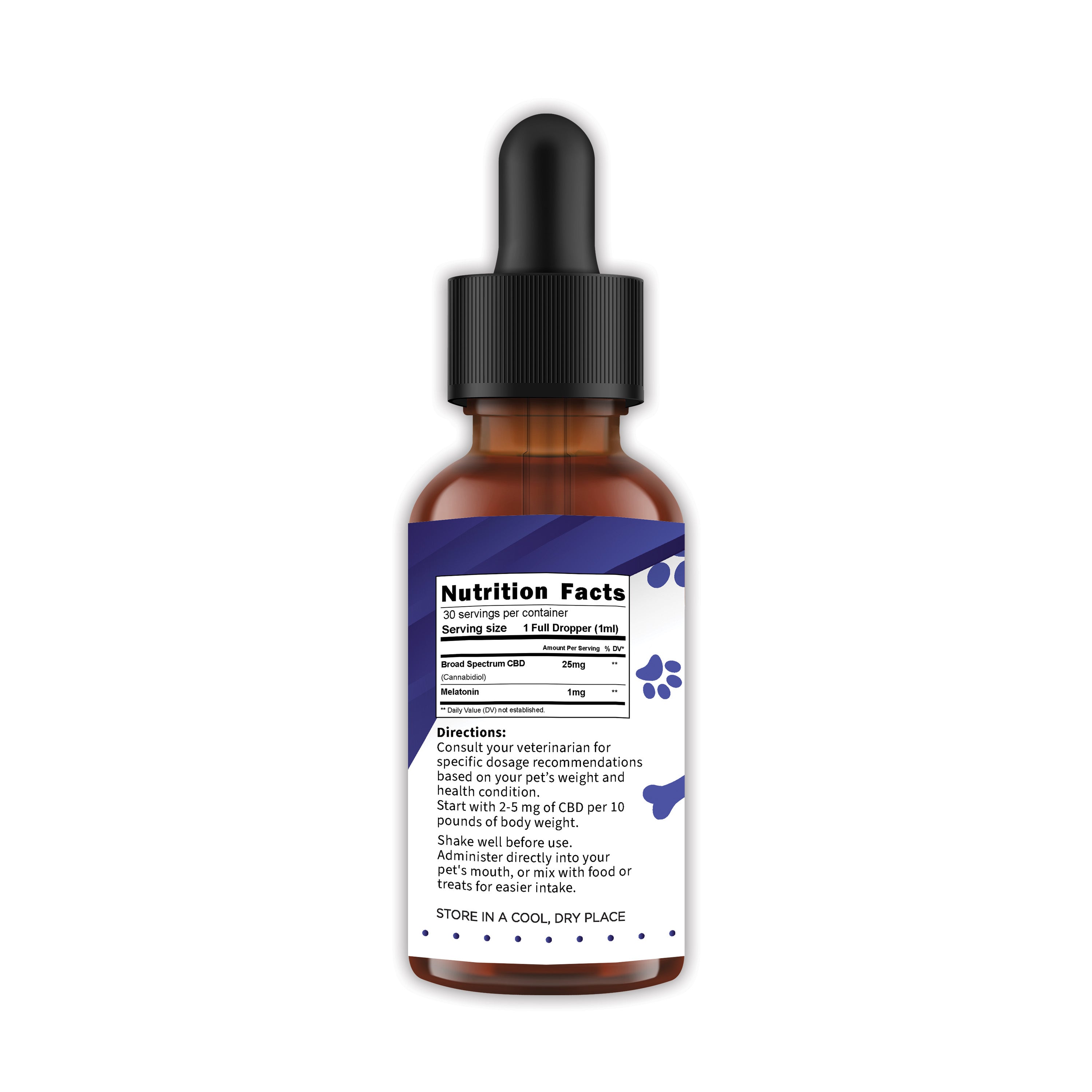 Pet sleep tincture bottle with nutrition facts and dosage directions on the side label