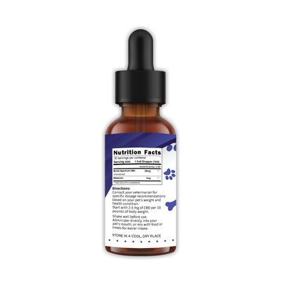 Pet sleep tincture bottle with nutrition facts and dosage directions on the side label
