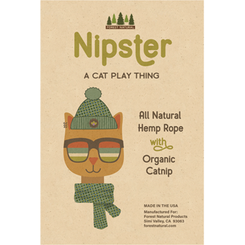 Nipster cat toy packaging with a cat illustration on a brown background