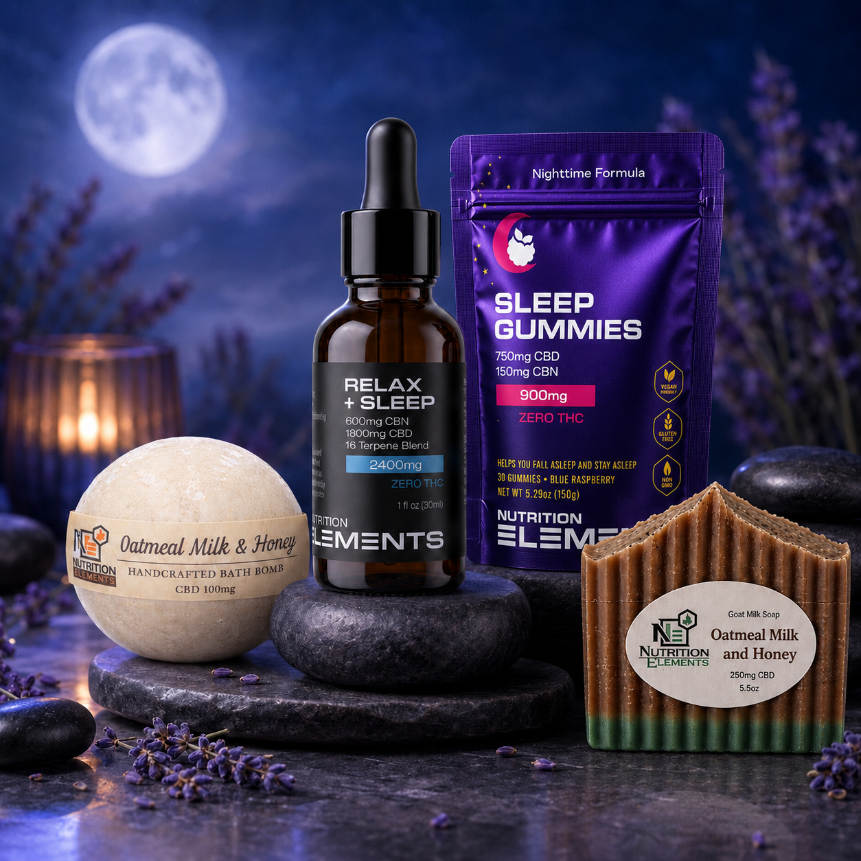 CBD products including a bottle, gummies, and soap on a dark background with lavender.