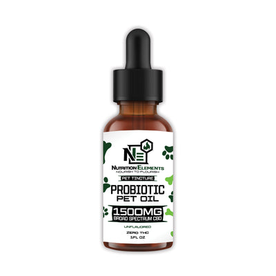 A bottle of Pet Oil labeled 'Probiotic Pet Oil 1500mg' with a dropper, indicating its use for pets.