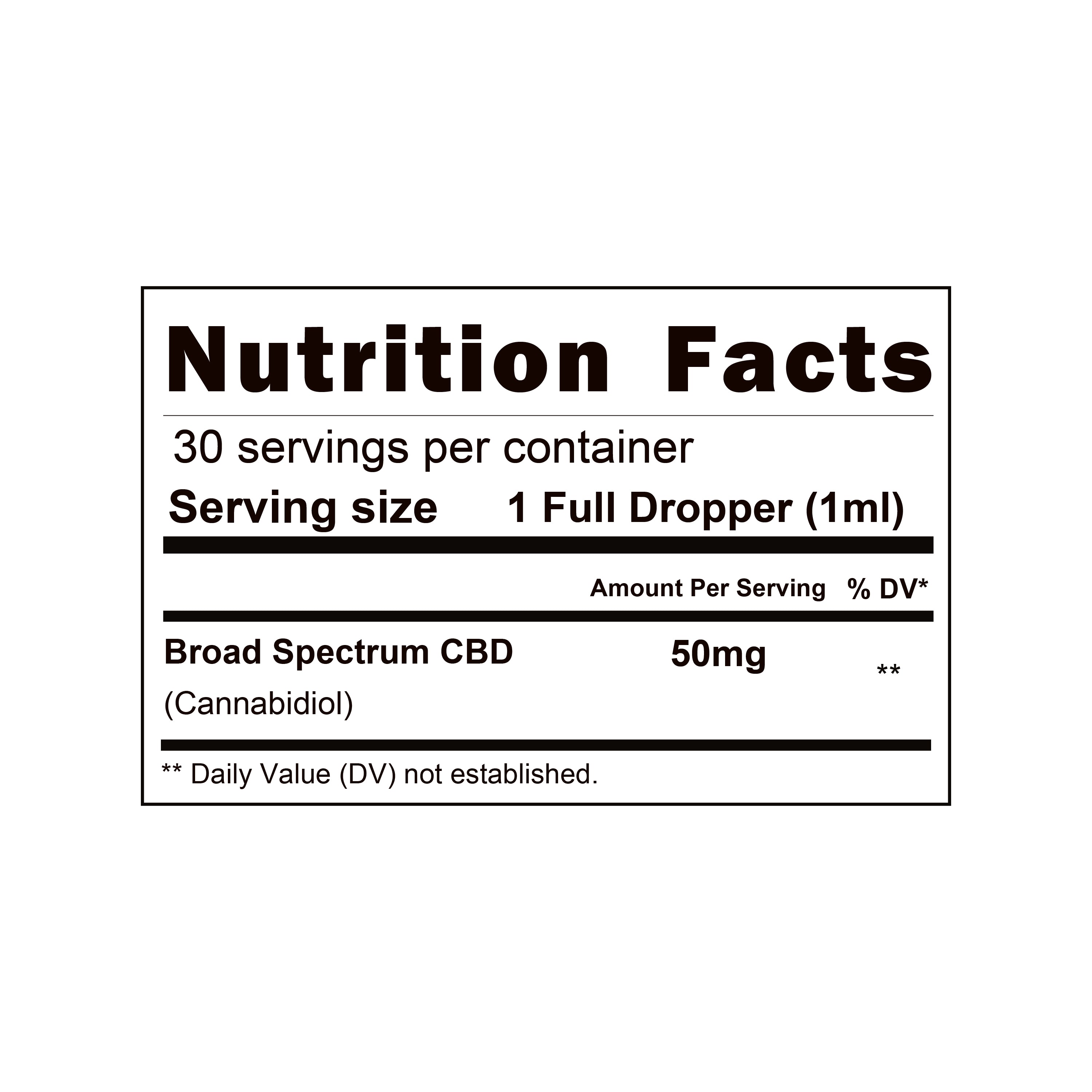 Nutrition facts label showing 50mg of broad spectrum CBD per serving