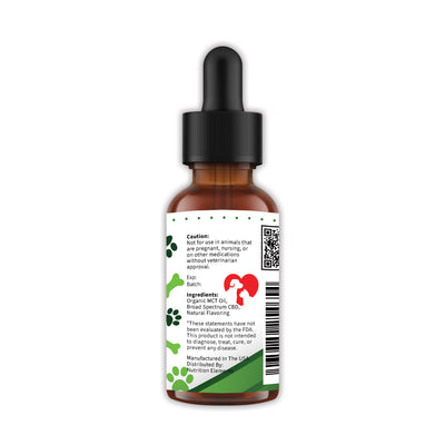 Pet CBD tincture bottle showing the side label with ingredients and caution details