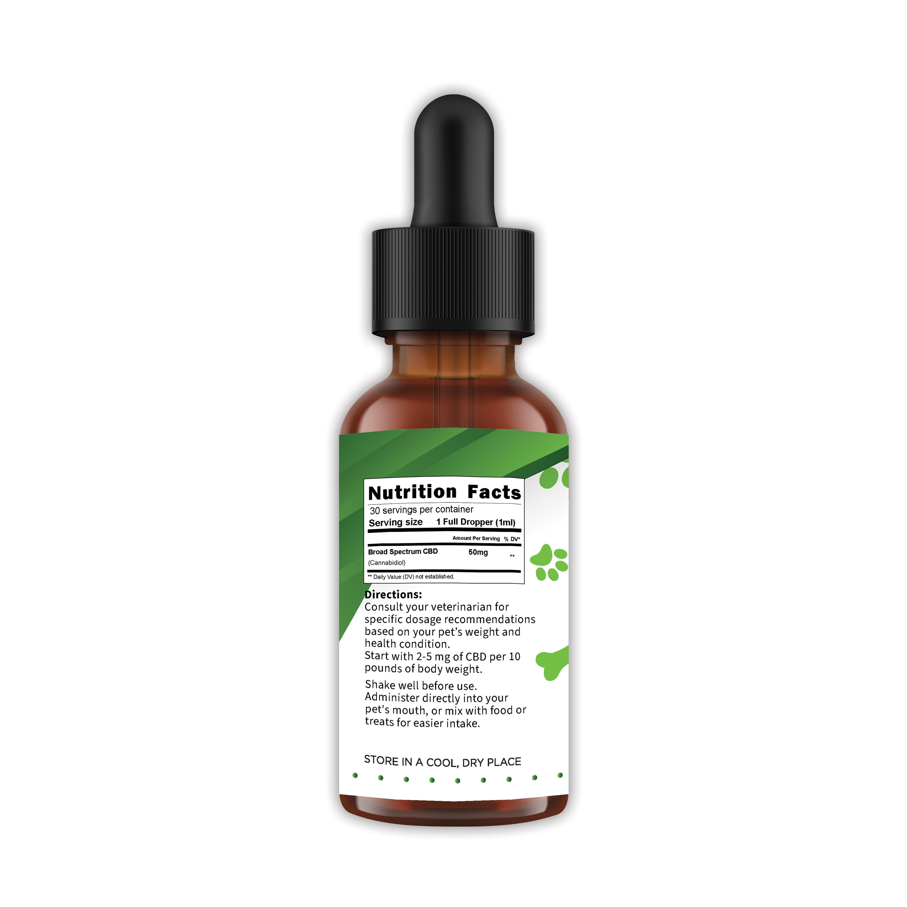 Pet CBD tincture bottle with nutrition facts and dosage directions on the side label
