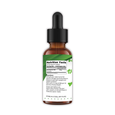 Pet CBD tincture bottle with nutrition facts and dosage directions on the side label