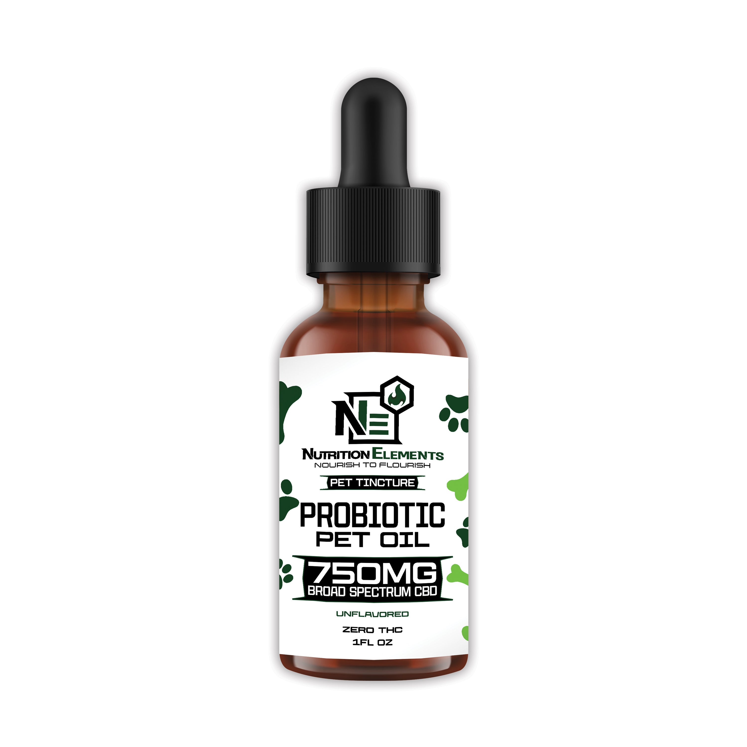 A bottle of Pet Probiotic 750 mg CBD oil with a dropper, labeled for general wellness.