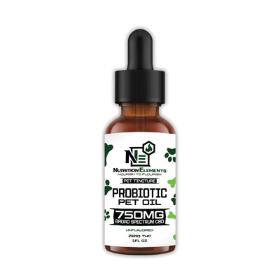 A bottle of Pet Probiotic 750 mg CBD oil with a dropper, labeled for general wellness.