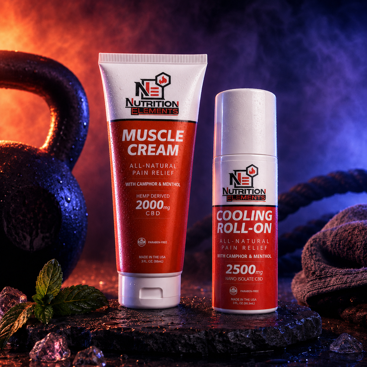 Two N1 Nutrition products, Muscle Cream and Cooling Roll-On, with a fiery and icy background.