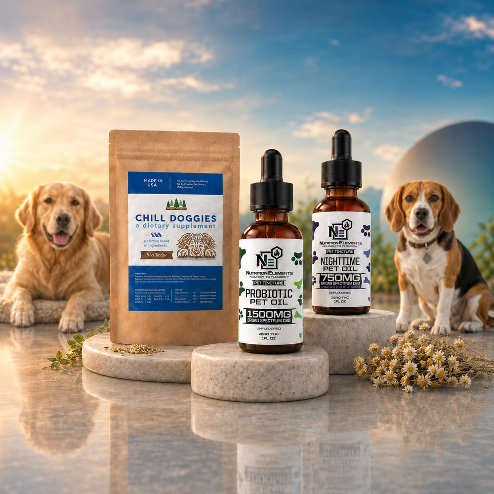 Pet health products including a supplement package and pet oils with two dogs in the background.