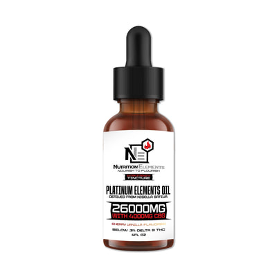Bottle of Platinum Elements Oil tincture with a dropper on a white background