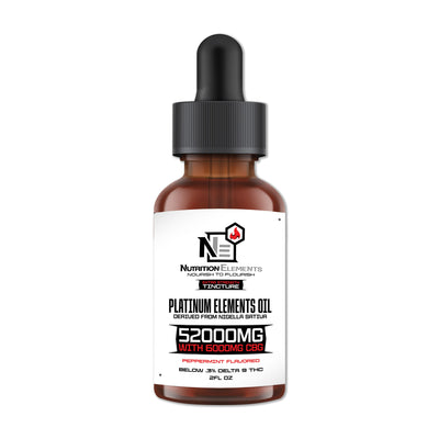 This image features a bottle of "52,000 Platinum Elements Oil" prominently labeled with its strength and the addition of Peppermint flavor. The bottle is amber-colored with a black dropper, and it’s set against a plain white background to emphasize the product.