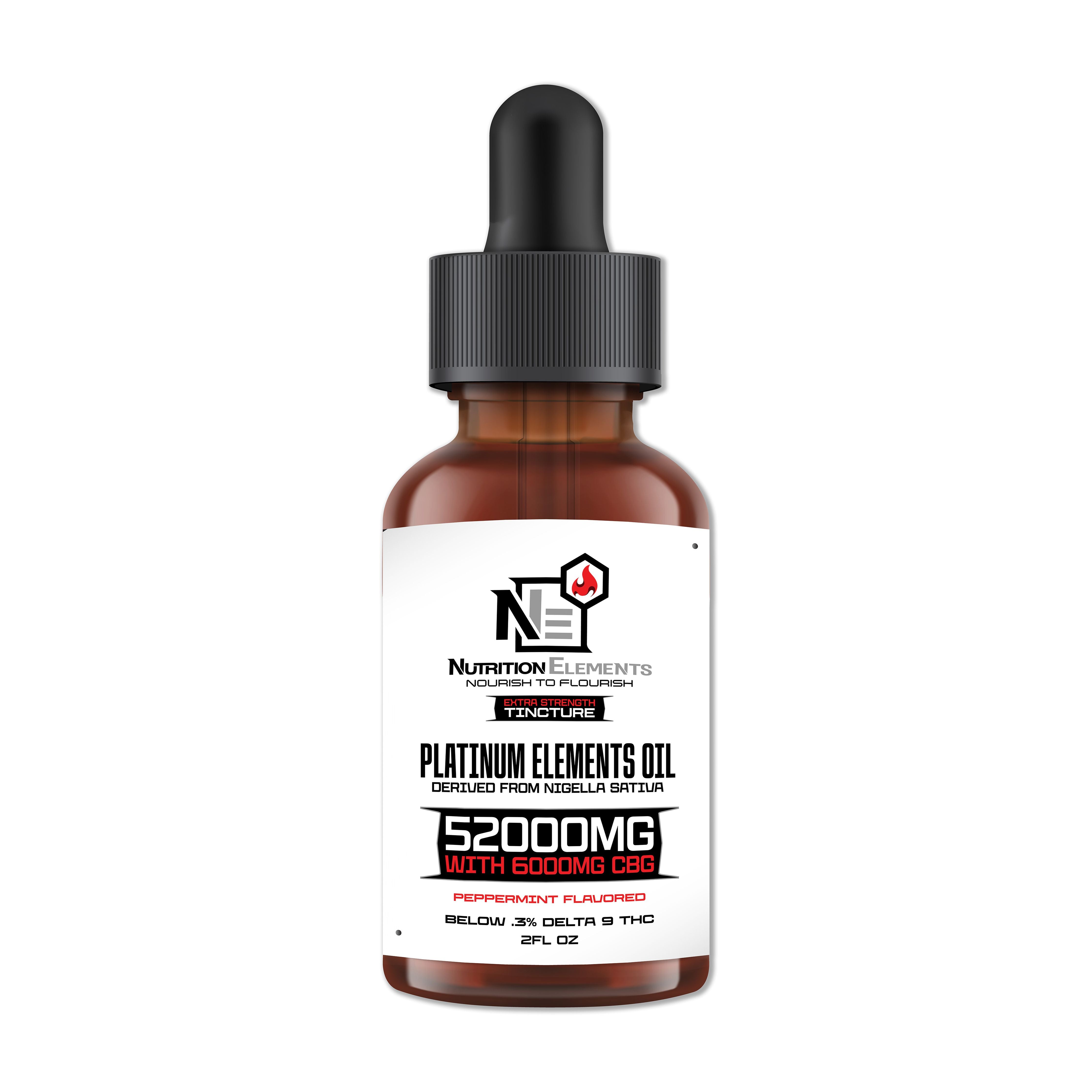 This image features a bottle of "52,000 Platinum Elements Oil" prominently labeled with its strength and the addition of Peppermint flavor. The bottle is amber-colored with a black dropper, and it’s set against a plain white background to emphasize the product.