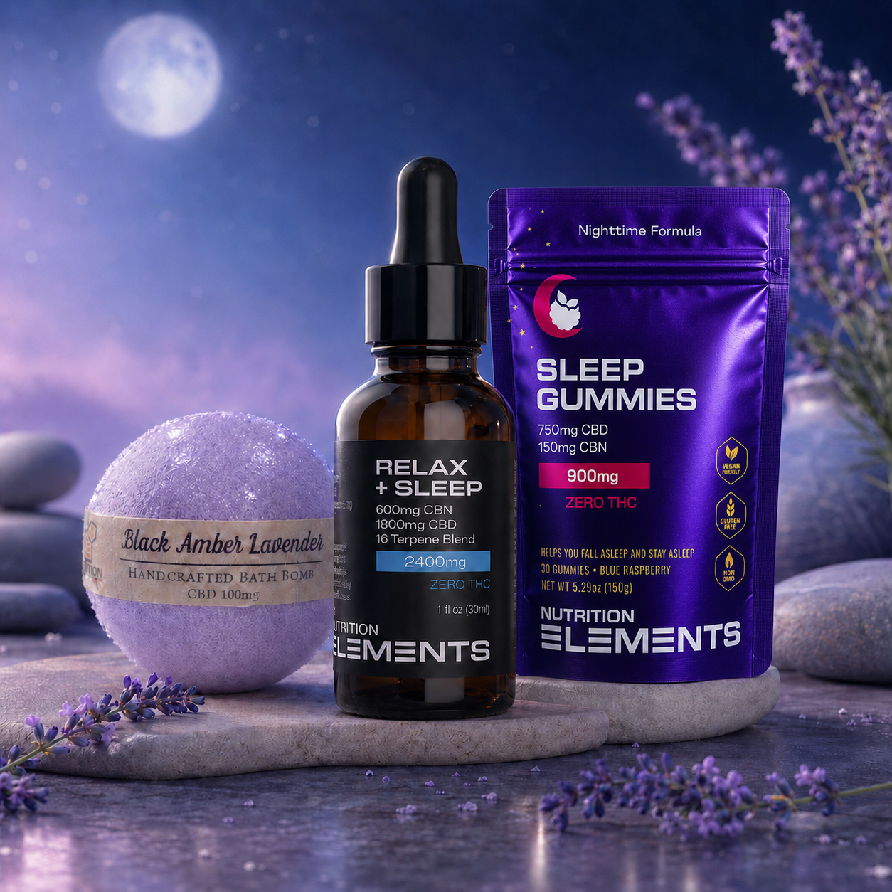 CBD products including a bottle, gummies, and bath bomb on a moonlit background with lavender.
