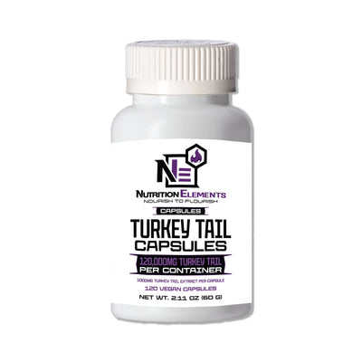A bottle of Nutrition Elements Turkey Tail Capsules, with label indicating the product is for immune support and contains 120,000 mg of Turkey Tail per capsule.