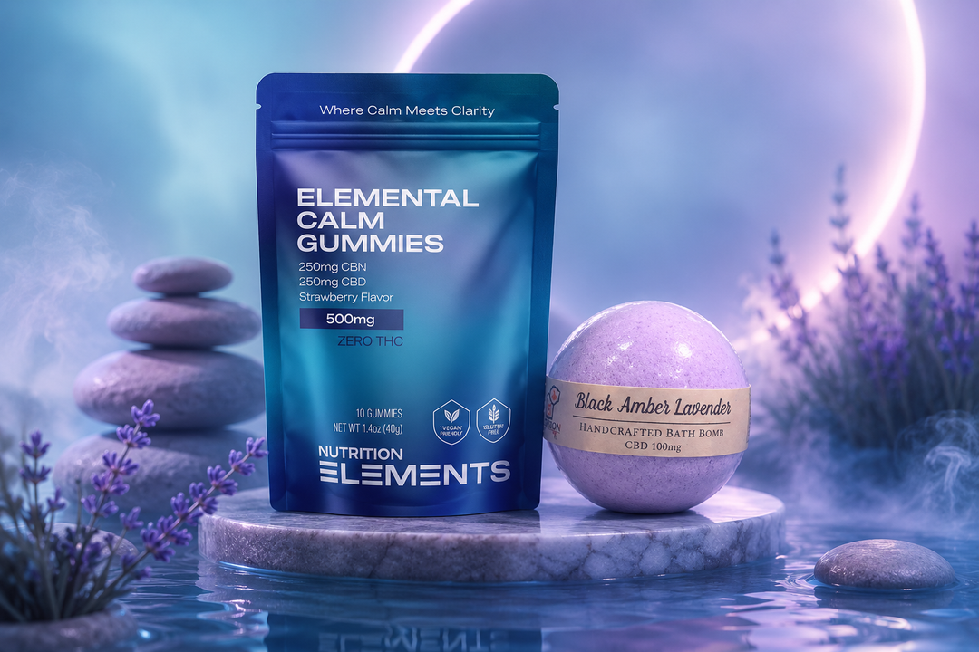Elemental Gummies packaging with a bath bomb on a mystical background