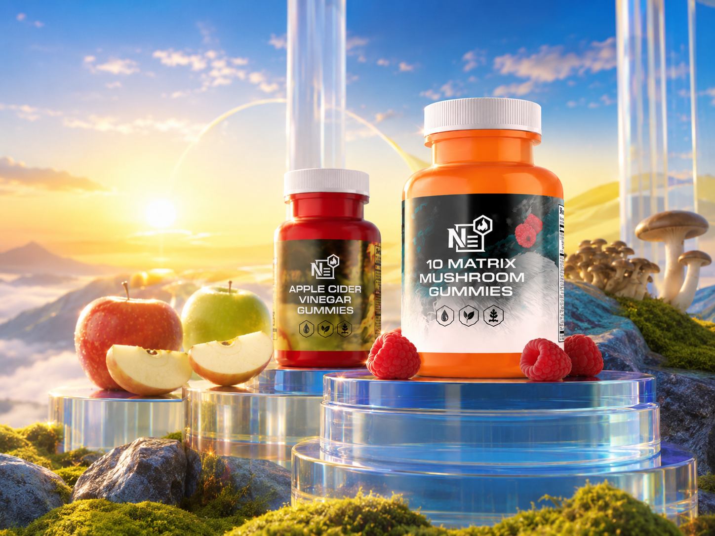 Supplement bottles with fruits on a futuristic landscape background