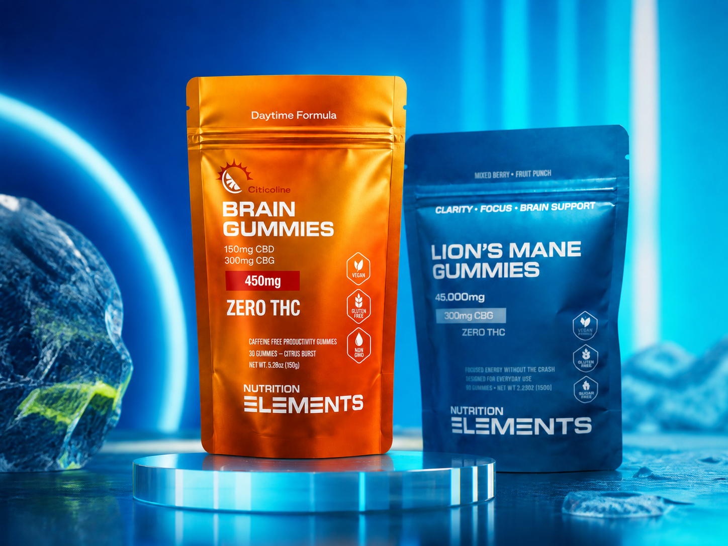 Brain Gummies and Lion’s Mane Gummies displayed in a blue focus-themed setting