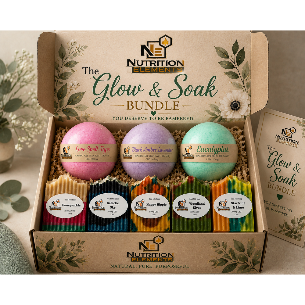 Glow & Soak Bundle from Nutrition Elements with bath bombs and candles in a decorative box.