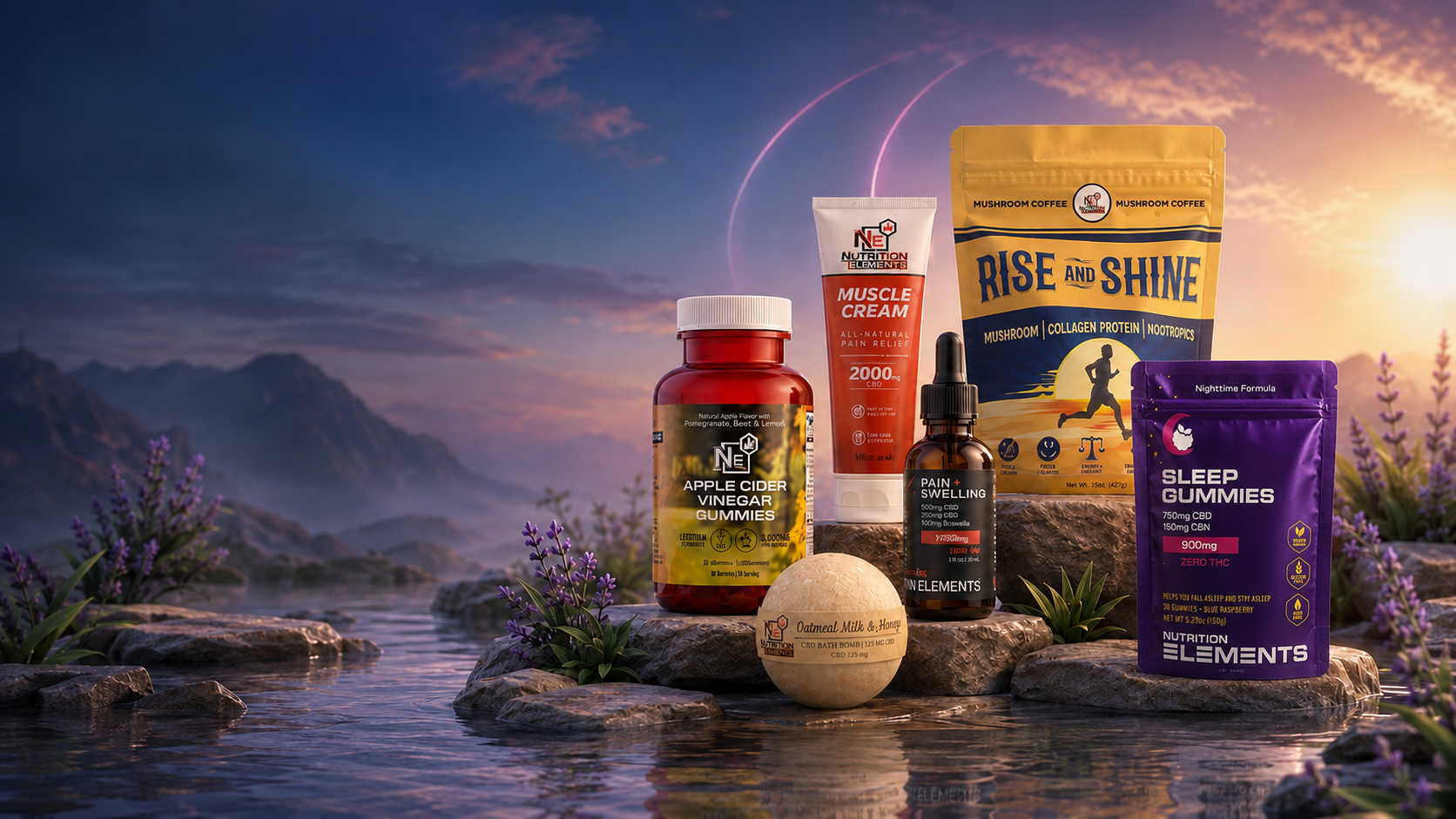 Supplement products on a rock with a scenic background