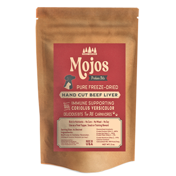 Mojos Protein Sdn Bhd package of pure freeze-dried hand cut beef liver for pets on a white background