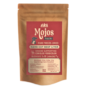 Mojos Protein Sdn Bhd package of pure freeze-dried hand cut beef liver for pets on a white background