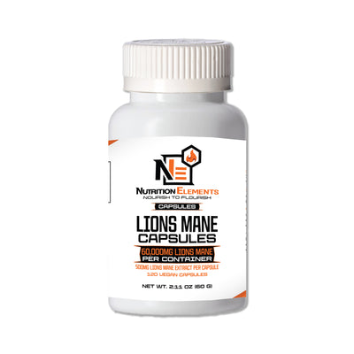 Bottle of Nutrition Elements Lion's Mane mushroom capsules for focus support