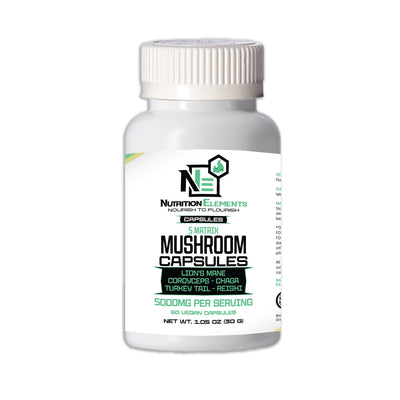 Bottle of Nutrition Elements Mushroom Capsules on a white background