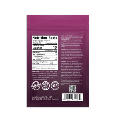 Back of Moonshot Delta 9 Gummies 10mg bag showing Nutrition Facts, ingredients, and suggested use