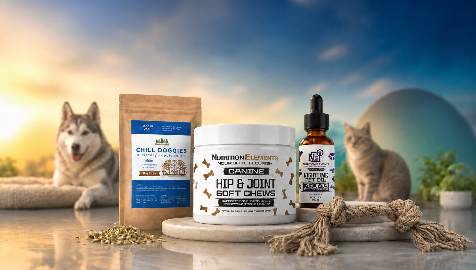 Pet care products including soft chews and a supplement bottle with a scenic background.