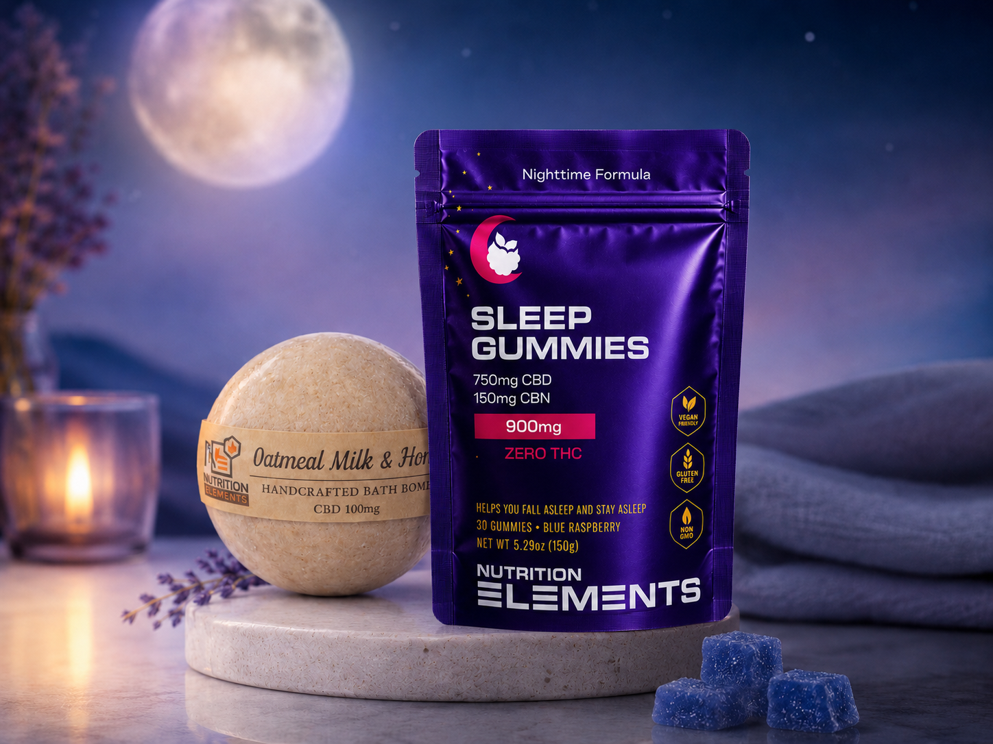 Sleep Gummies pouch with bath bomb, candle, and blue gummies in a calming nighttime setting