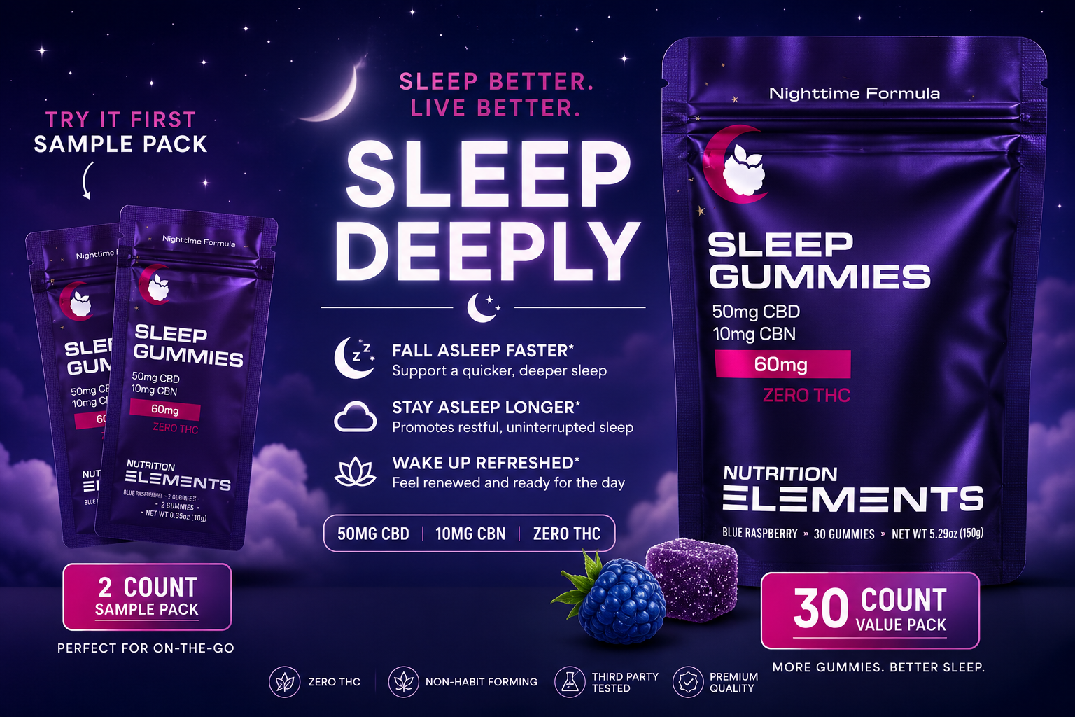 Advertisement for Sleep Gummies with packaging and text on a dark background